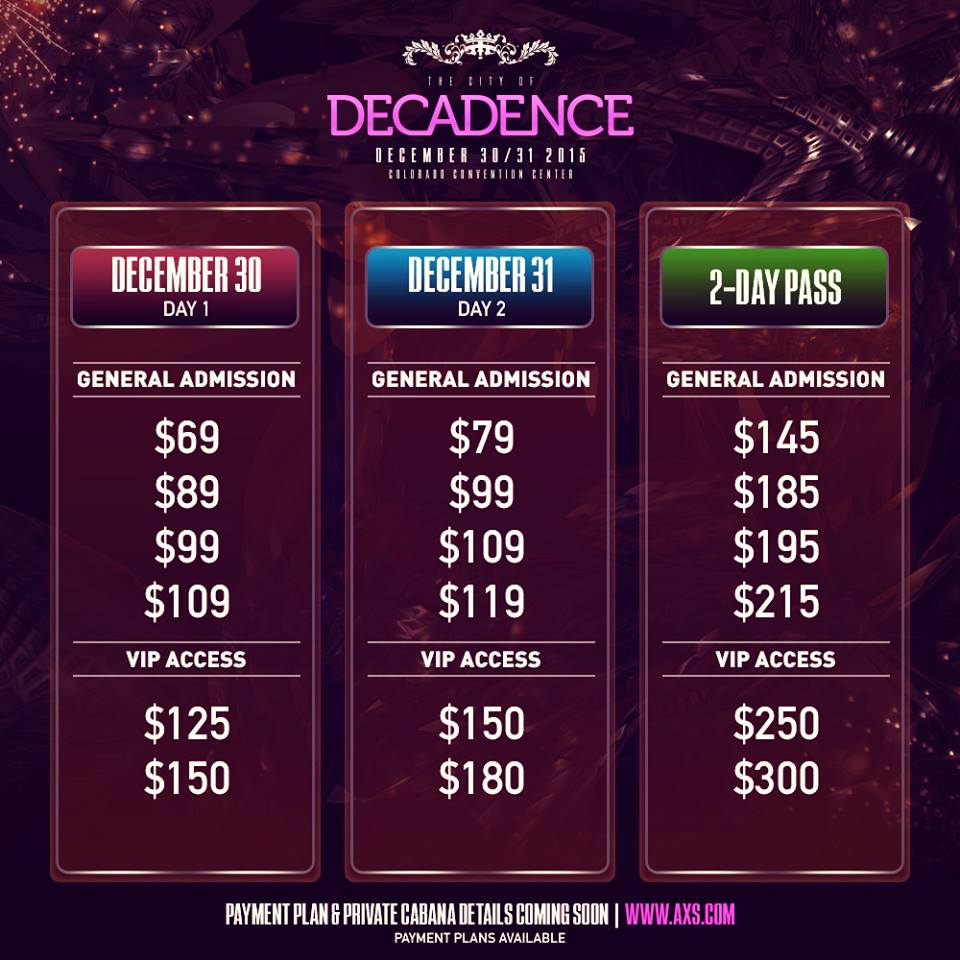 Decadence prices 2015